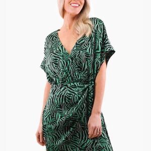 NWT Michael Kors Green and black zebra print faux wrap dress Size XS.